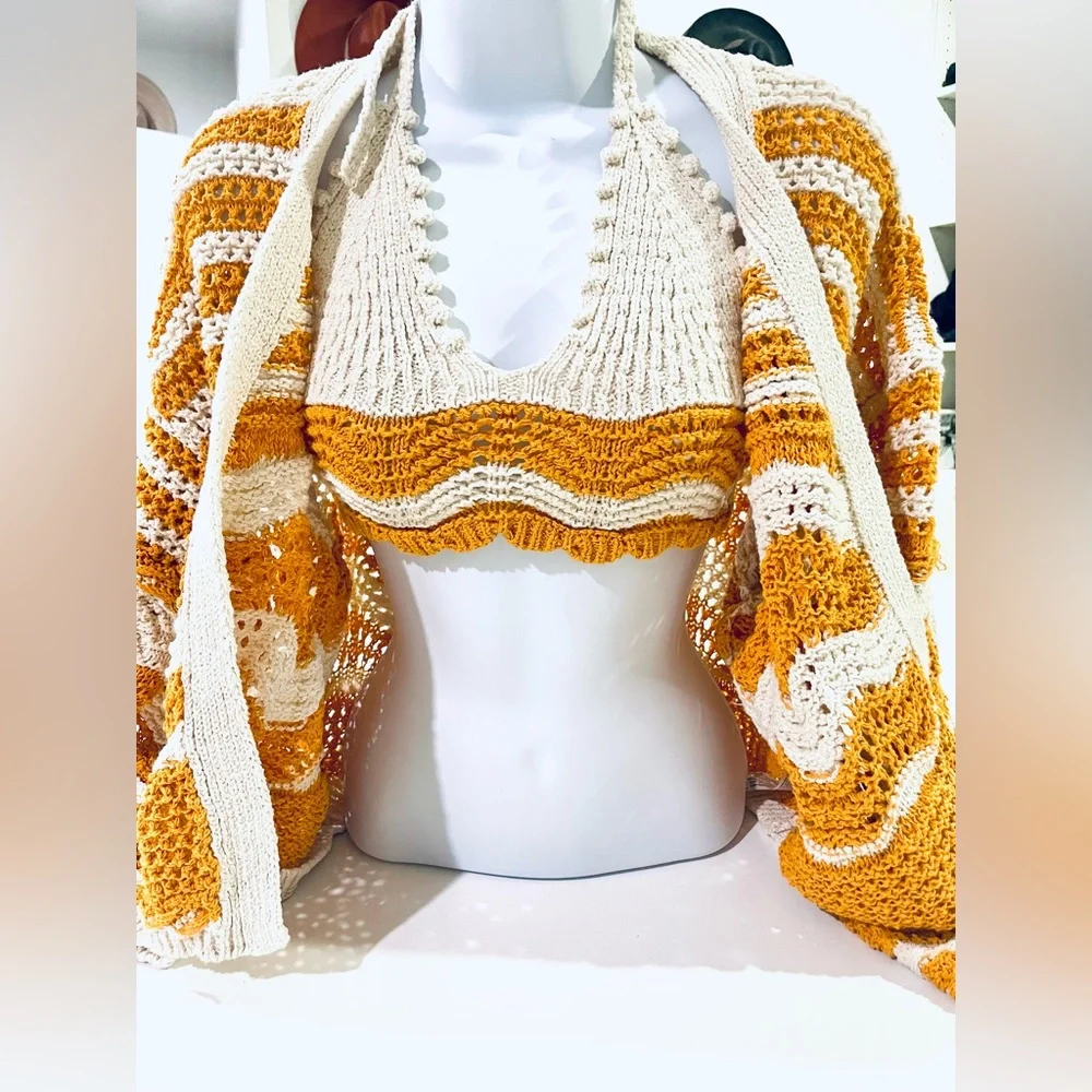 Zara open knit crochet sweater and crop top set in cream and orange size S
